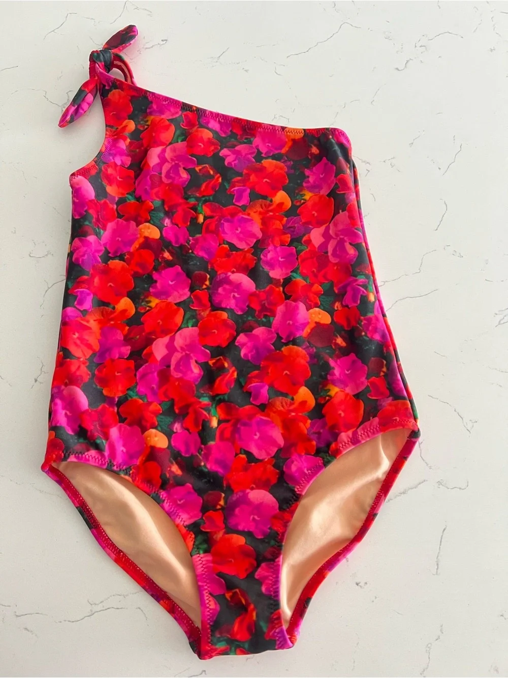 Crewcuts Girl one shoulder Swimsuit pansy floral Size 6-7 NWT